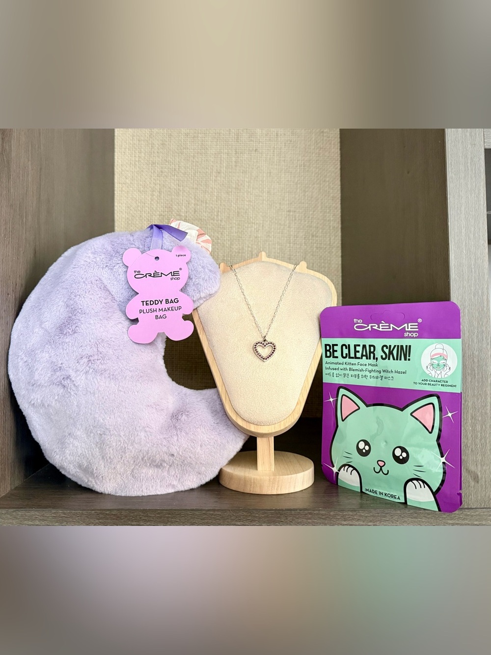 Coach Purple Pave Crystal Heart Necklace & The Crème Shop Moon & 2 Masks Bundle
